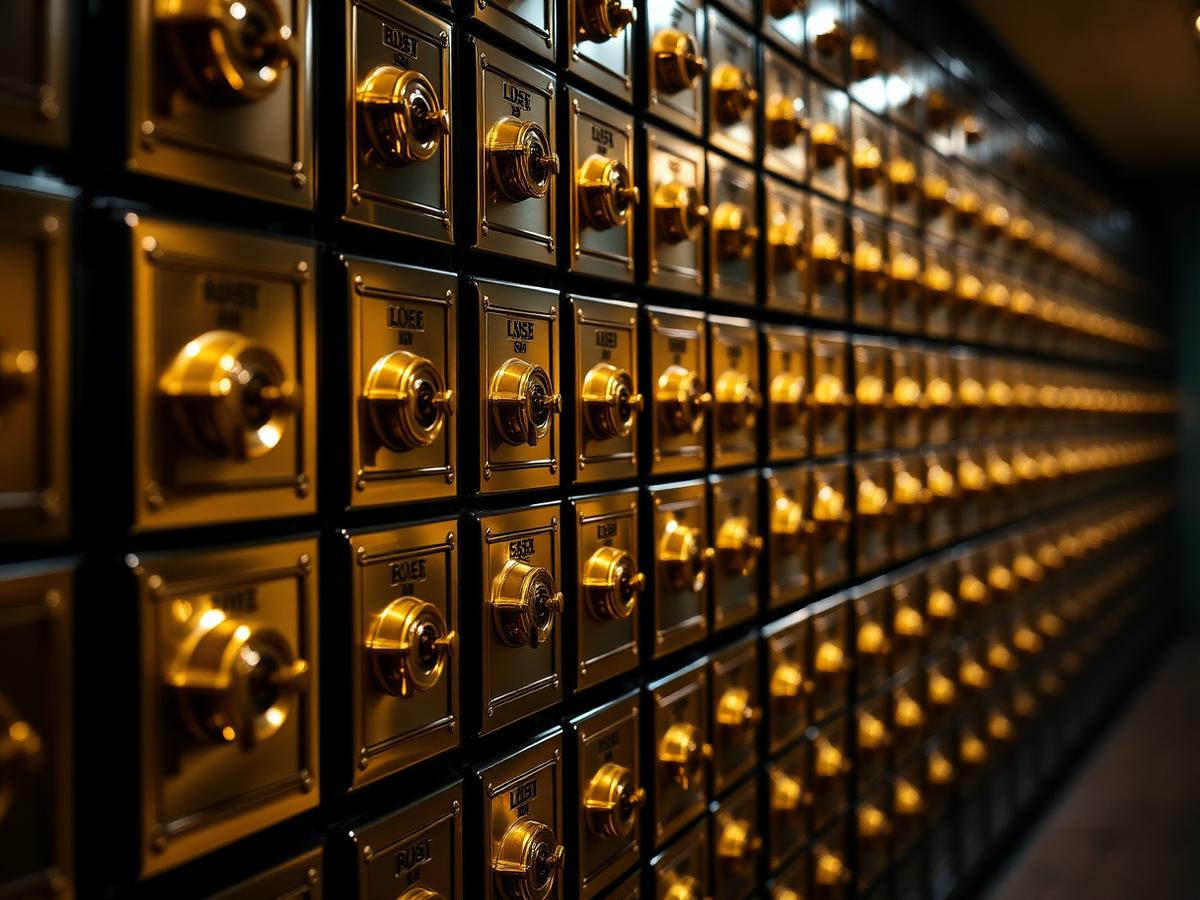 Wall of brass safe deposit boxes in a AEGIS vault