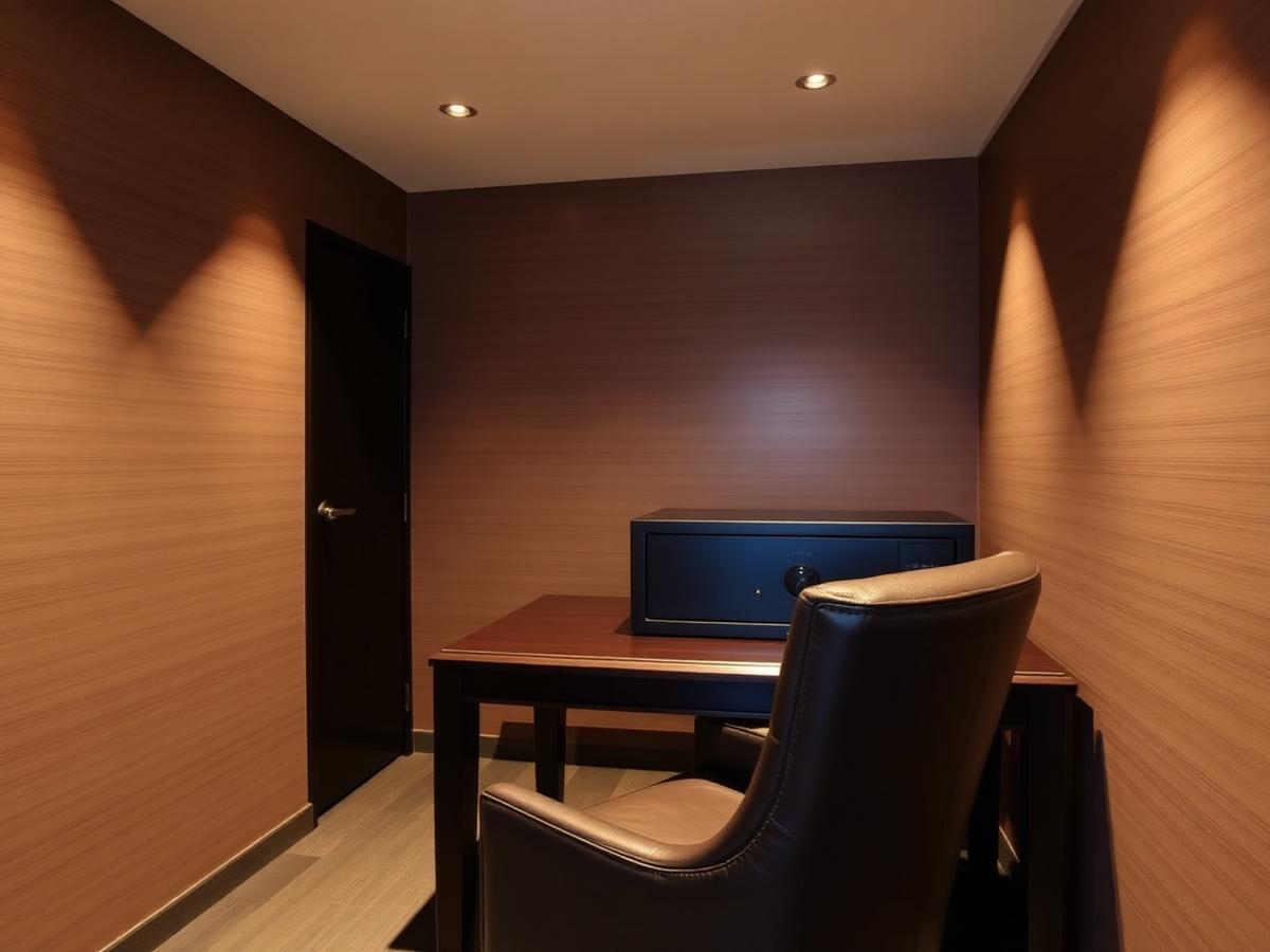 Private viewing suite with a safe on a wooden table